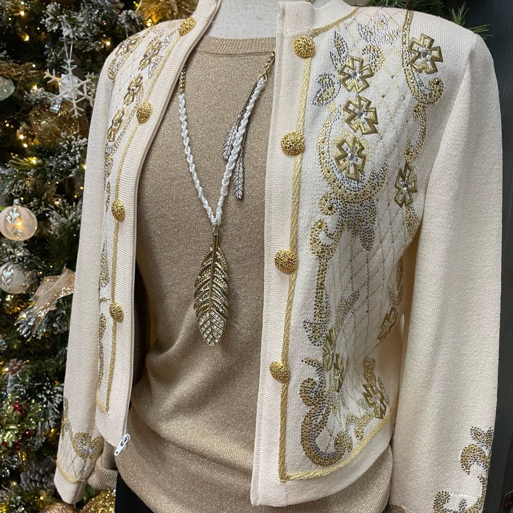 St. John Vintage Elegant Gold & Silver Embellished Zip Up Cardigan Size 6